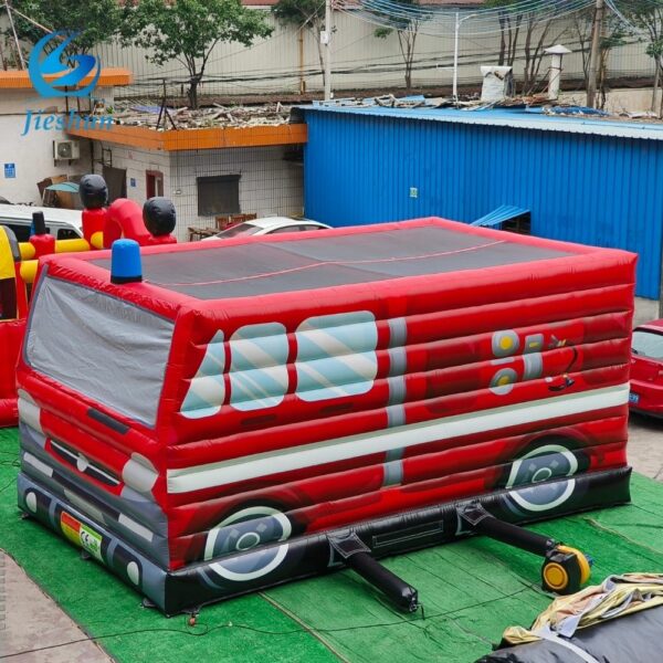 High commercial quality Giant Fire truck inflatable obstacle bouncy house jumping castle indoor outdoor for kids and adults.