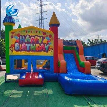 Happy birthday pvc inflatable jumping bounce castle for kids inflatable bouncer house with slide for party events